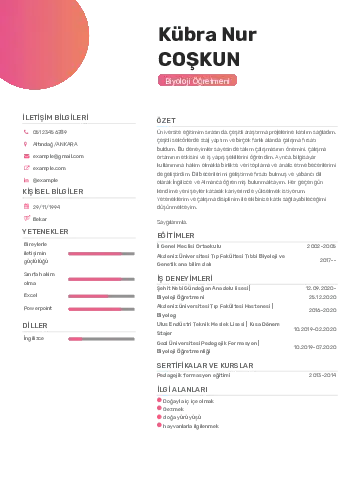 Biyoloji Öğretmeni CV Örnekleri cv indir